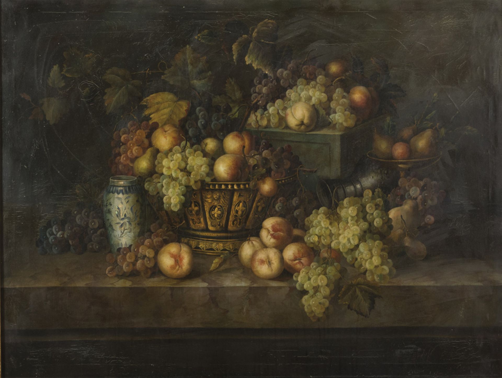 EUROPEAN PAINTER, 20TH CENTURY STILL LIFE OF FRUIT WITH CONTAINER, PORCELAIN AND CAKESTAND Oil on