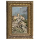 CENTRAL ITALY PAINTER, EARLY 20TH CENTURY MOUNTAIN VILLAGE WITH FIGURE Oil on panel, cm. 33 x 18