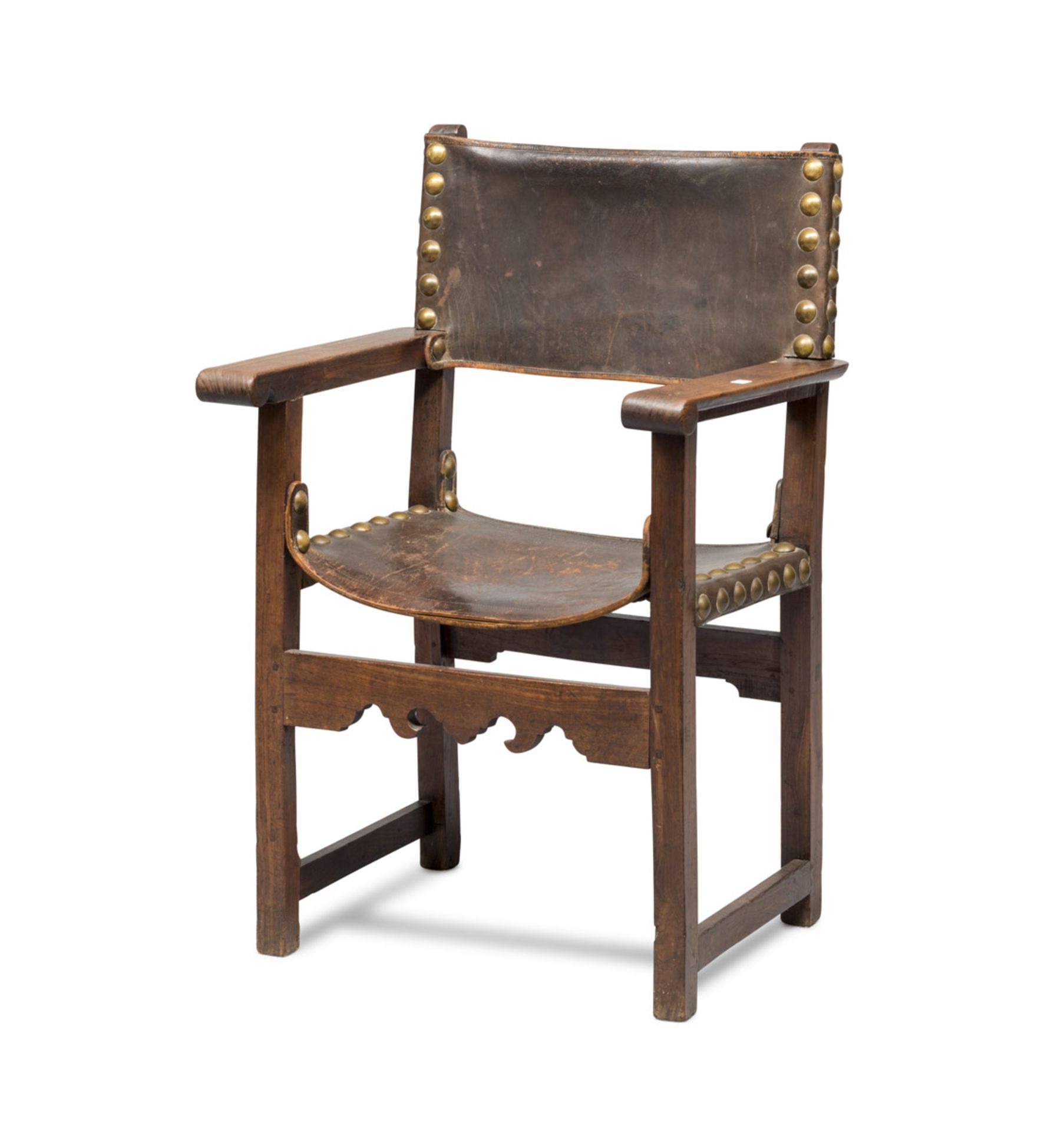 ARMCHAIR IN WALNUT, 18TH CENTURY with back and seat in leather, flat arms and straight legs.