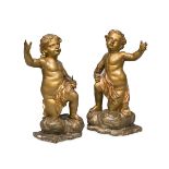 BEAUTIFUL PAIR OF WOODEN SCULPTURES GILDED, PROBABLY VENICE 18TH CENTURY representing kneeling