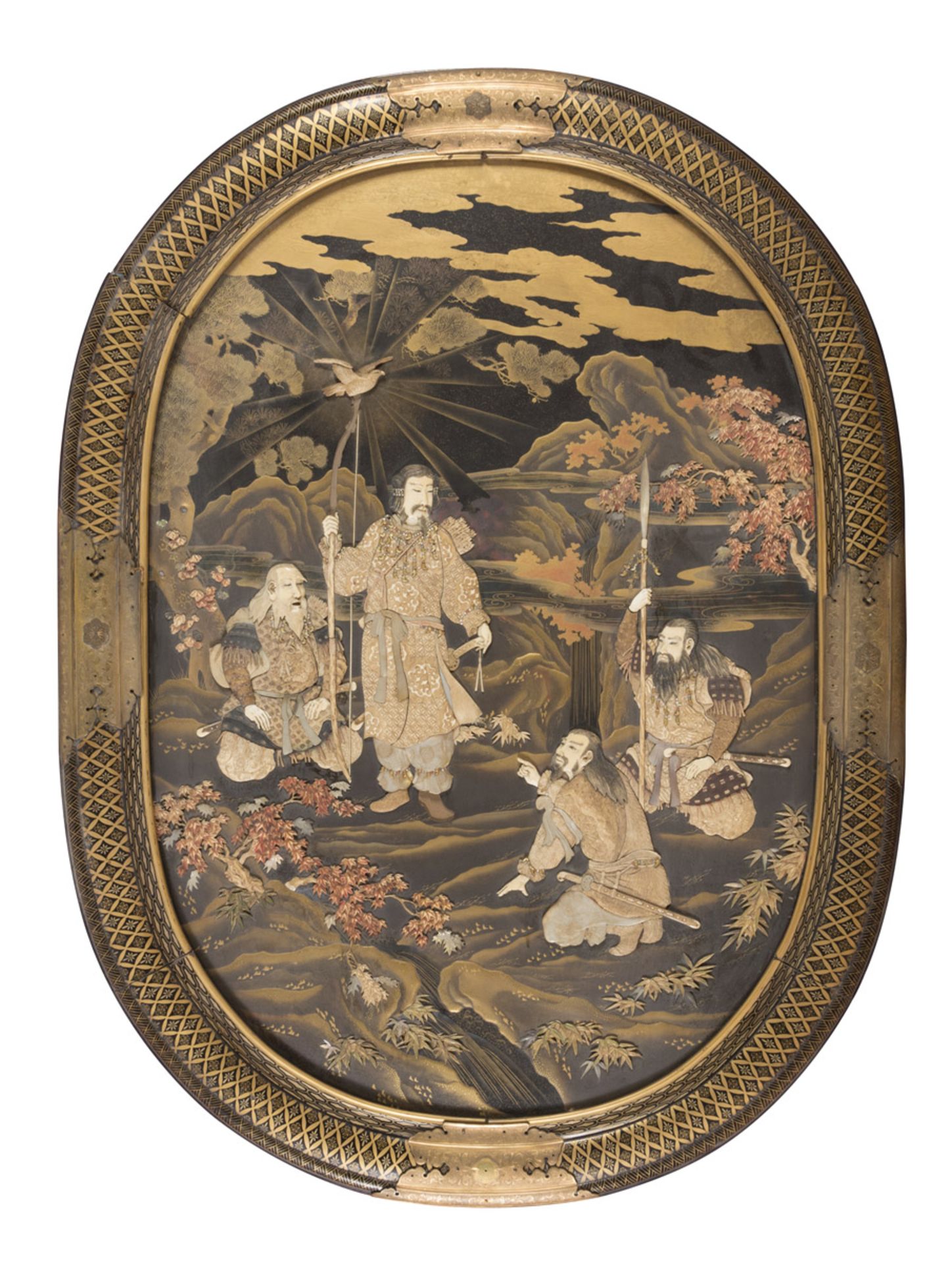 A JAPANESE BLACK AND GOLD LACQUERED WOOD PANEL. LATE 19TH CENTURY. decorated with inserts in