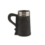 TANKARD IN LEATHER, METAL AND SILVER, PROBABLY CANADA 1888 shaft in metal and leather and edge in