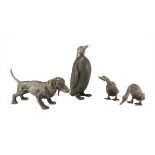 FOUR SCULPTURES IN SILVER-PLATED METAL, PRODUCTION GUCCI 1970s representing penguin, two ducks and