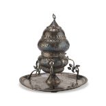 SILVER CENSER, 18TH CENTURY chiselled to leaf motifs with double ramages feet. Leaning on flat.