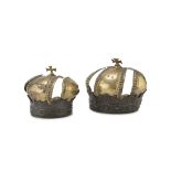 PAIR OF SMALL CROWNS IN GOLD- AND SILVER-PLATED BRONZE, 18TH CENTURY embossed into cord, pods and