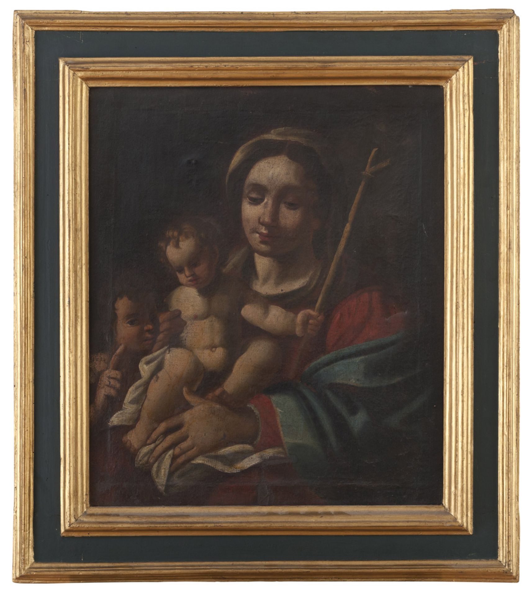 BOLOGNESE PAINTER, 17TH CENTURY VIRGIN WITH CHILD AND SAINT JOHN INFANT Oil on canvas, cm. 64 x 54