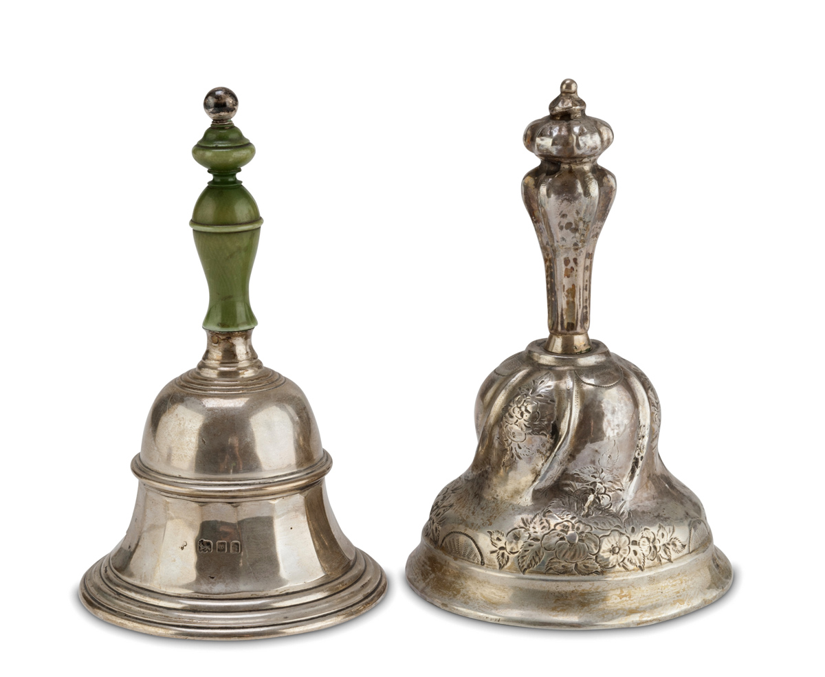 TWO BELLS IN SILVER, LONDON 1925 AND HOLLAND 1861 one body twisted with engravings of flowers, the