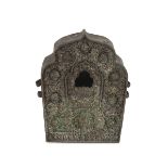 A TIBETAN METAL PRAYER CONTAINER, 20TH CENTURY with cover entirely decorated with bas-relief of