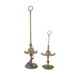 TWO FLORENTINE OIL LAMPS IN BRASS, 19TH CENTURY to three and two flames, with round bases. Maximum