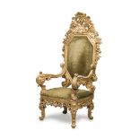 ARMCHAIR IN GILTWOOD, ELEMENTS OF THE 18TH CENTURY tall back with frieze sculpted to motifs of