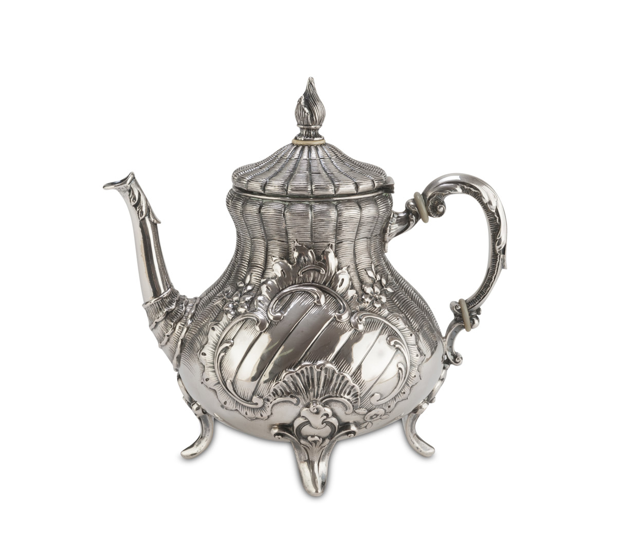 SILVER TEAPOT, PUCH VIENNA POST 1867 Handles with seperators in bone, four feet Silversmith 'N.A.'