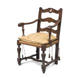 ARMCHAIR IN CHESTNUT TREE, VALLEY OF AOSTA 18TH CENTURY back with triple splat, arms shaped with