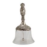 BELL IN GLASS AND SILVER, PUNCH LONDON, EARLY 20TH CENTURY handle embossed with floral motifs.