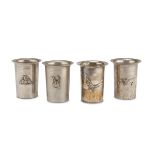 FOUR SILVER BEAKERS, ITALY 20TH CENTURY smooth body with application of figures of animal.