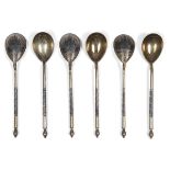 SIX TEASPOONS IN GILDED AND NIELLOED SILVER, PUNCH MOSCOW LATE 19TH CENTURY backs of the bowls
