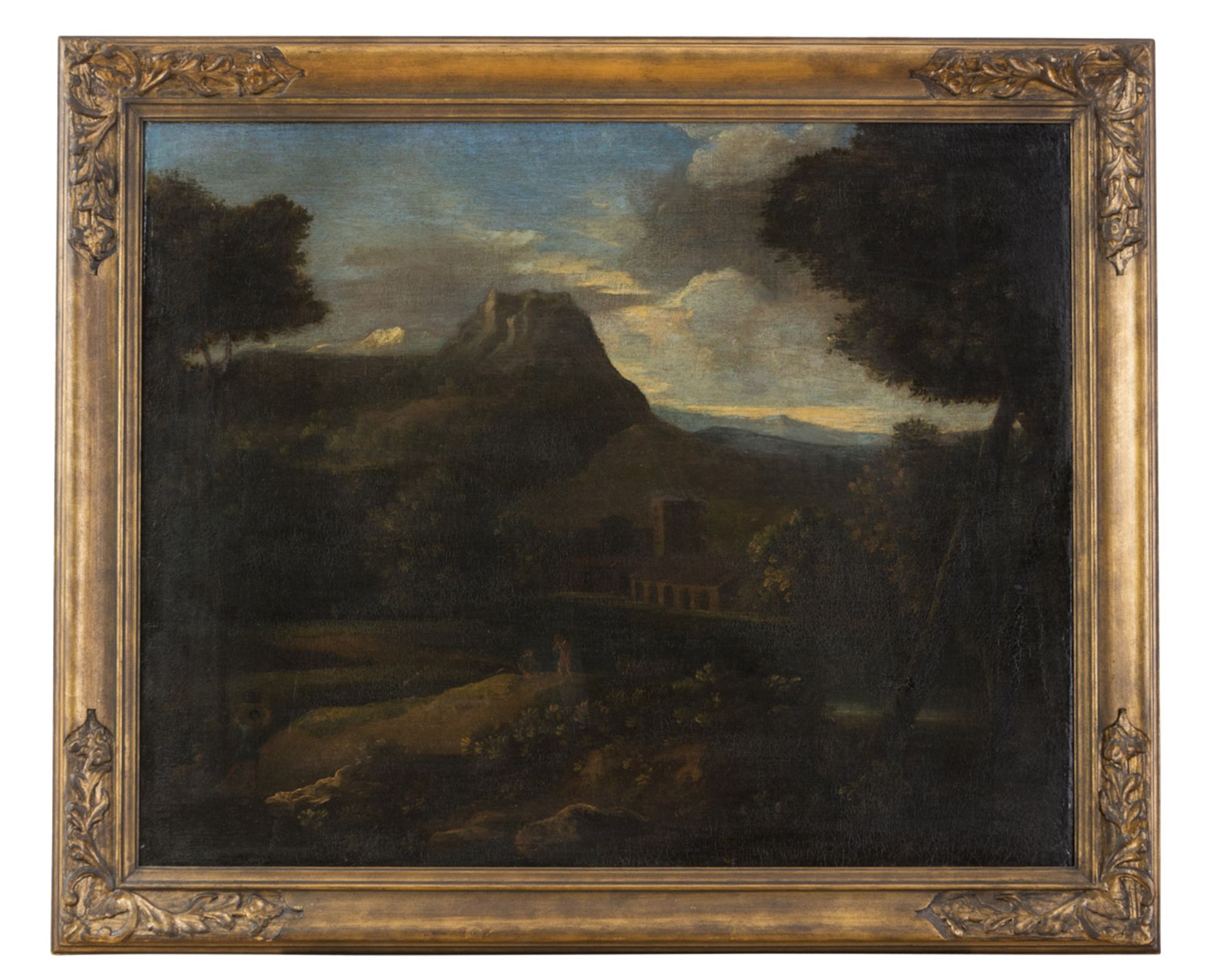 FOLLOWER OF JAN FRANS VAN BLOEMEN, 18TH CENTURY LANDSCAPE IN LAZIO WITH FIGURES Oil on canvas, cm.