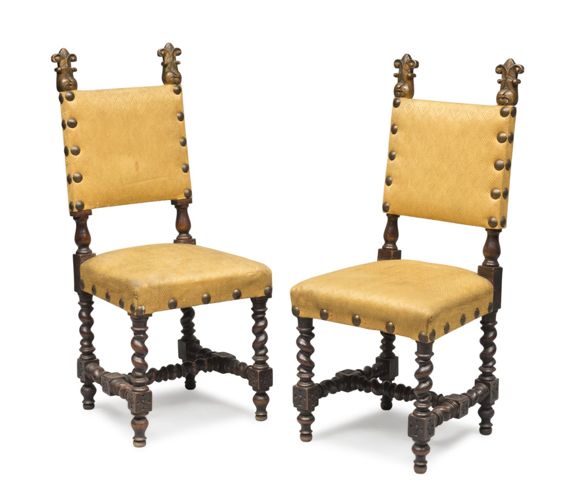 PAIR OF WALNUT CHAIRS, 19TH CENTURY of Renaissance taste, twisted legs and stretchers. Measures