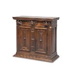 RARE SMALL SIDEBOARD IN WALNUT, ITALY NORTHERN 16TH CENTURY apron carved to head of cupid and