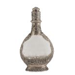 BEAUTIFUL SILVER BOTTLE, 20TH CENTURY engraved with floral ornaments, with finishes in silver also