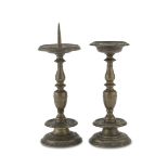 PAIR OF SMALL CANDLESTICKS IN BRONZE, VENETIAN, 17TH CENTURY with cylindrical shaft and round