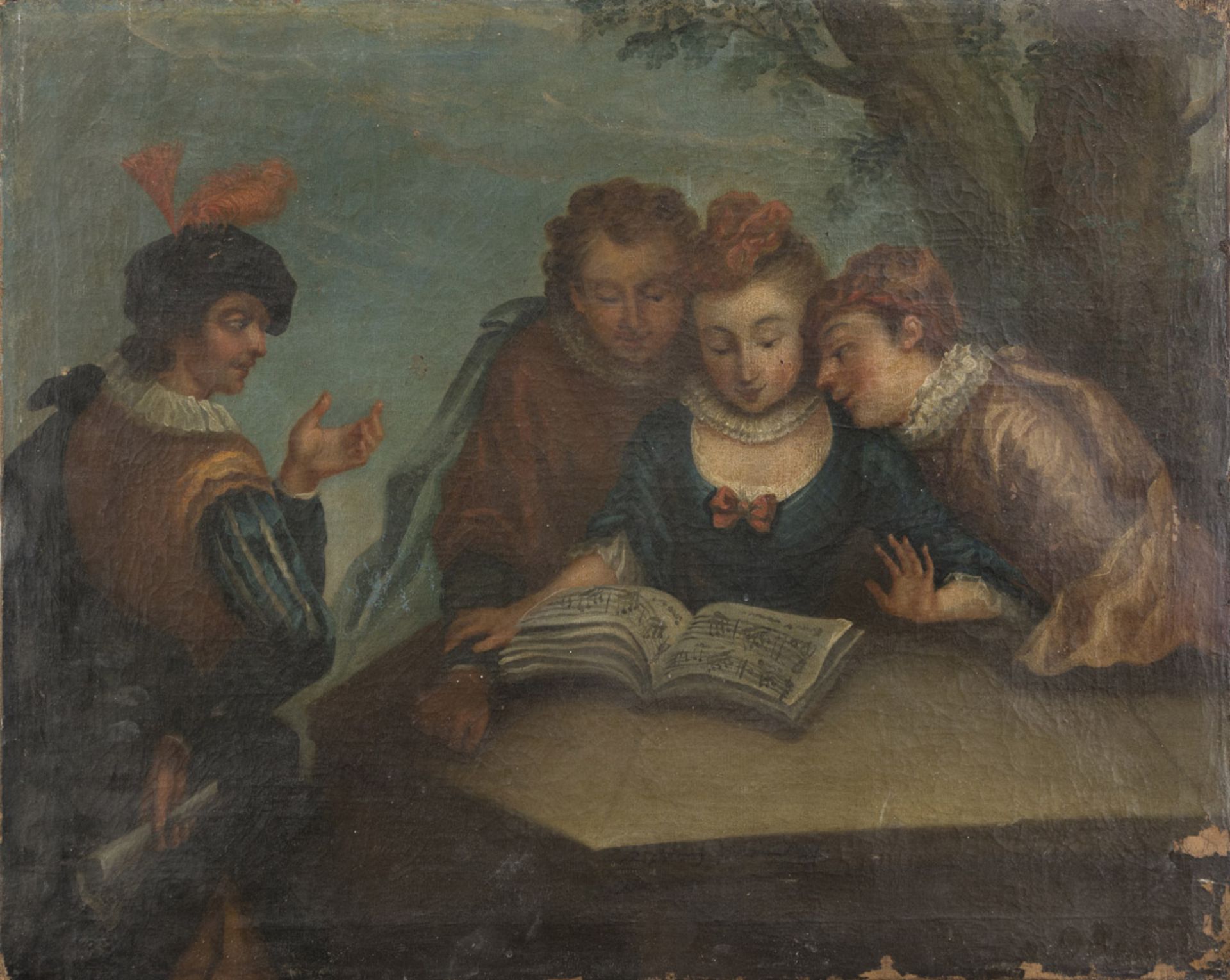 FRENCH PAINTER, 18TH CENTURY THE READING OF THE MUSIC SHEET Oil on canvas, cm. 62 x 78 CONDITIONS OF