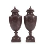 BEAUTIFUL PAIR OF POTICHES IN PORPHYRY, LATE 19TH CENTURY with baluster body and square base.