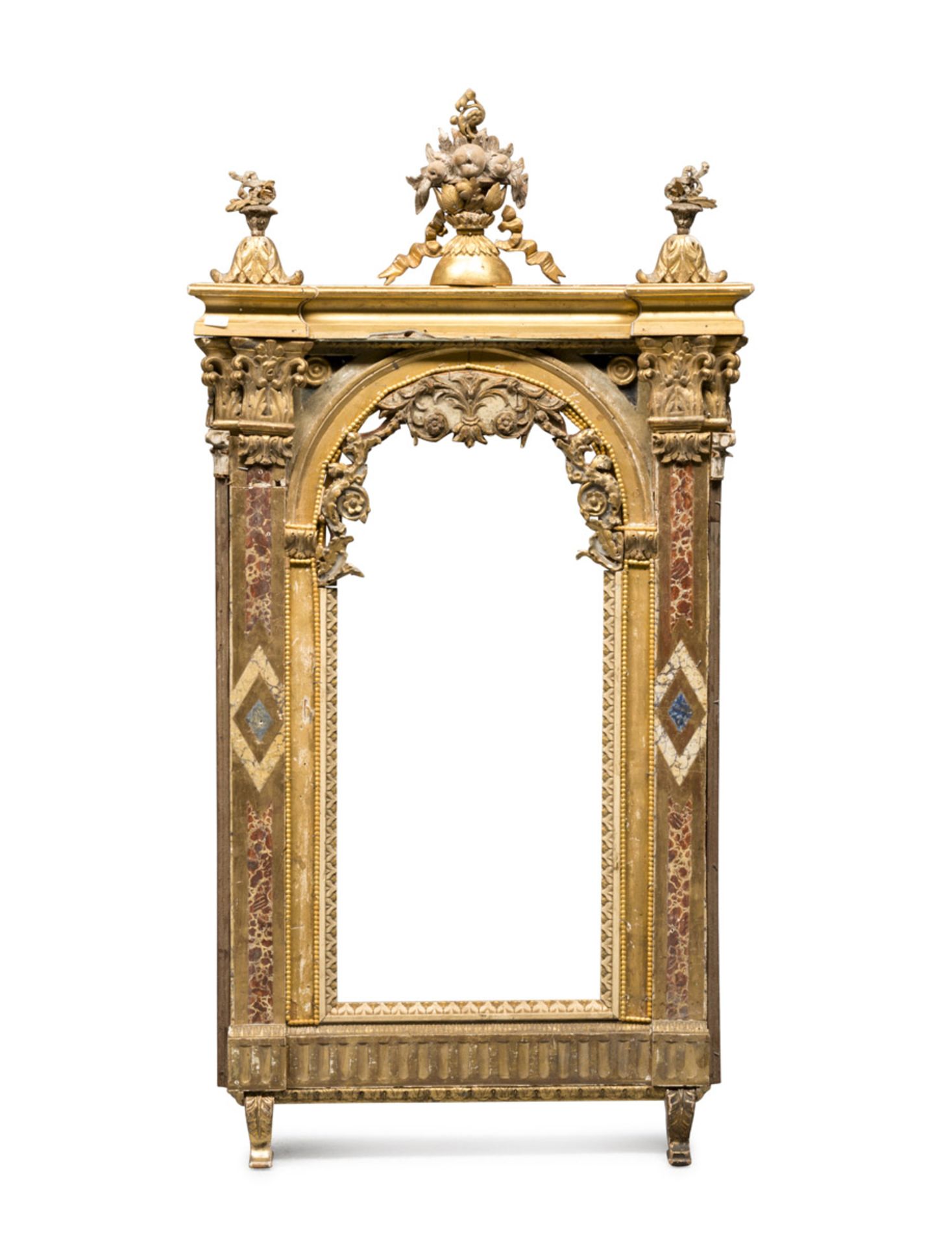 FRAME OF MIRROR IN GILDED AND LACQUERED WOOD, ELEMENTS OF THE 18TH CENTURY with arch and side