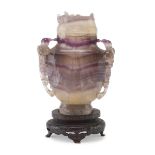 A CHINESE FLUORITE VASE, 20TH CENTURY decorated with two chilong handles. Measures cm. 6 x 12 x