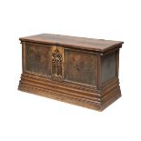 RARE WALNUT CASE, VENETIAN 17TH CENTURY with rectangular chest and bisected front painted with coats