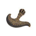 A TIBETAN BRONZE AND IRON RITUAL AX, 20TH CENTURY with vajra hilt with eight points ends and