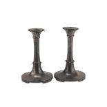 A PAIR OF CANDLESTICKS IN SILVER, PUNCH MOSCOW 1887 with rings at the shaft and round base.