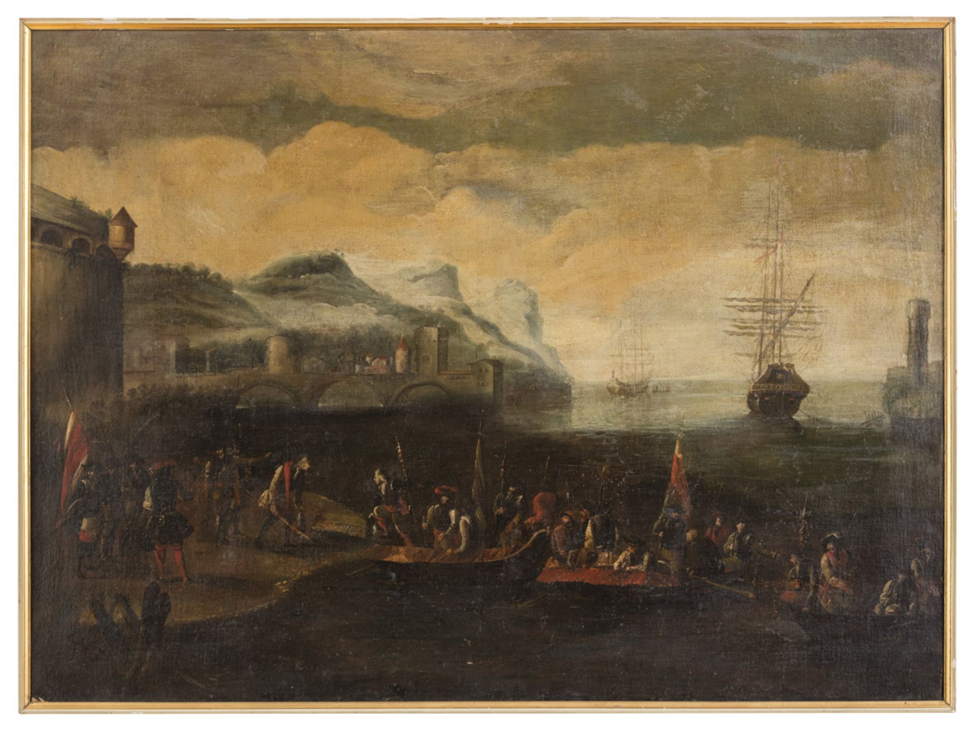 DUTCH PAINTER, 17TH CENTURY PORT SCENE Oil on canvas, cm. 95 x 128,5 CONDITIONS OF THE PAINTING