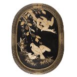 A JAPANESE BLACK AND GOLD LACQUERED WOOD PANEL. LATE 19TH CENTURY. decorated by inserts in bone