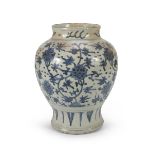 A CHINESE WHITE AND BLUE PORCELAINE VASE. 19TH CENTURY. decorated with interlacements and panels