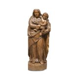 SCULPTURE OF THE VIRGIN WITH CHILD, VENETIAN 17TH CENTURY in light brown lacquered wood. Plain base.