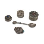 FOUR PILLBOXES AND A SPOON OF ARAB SILVERWARE. EARLY 20TH CENTURY. with Carthusian decorums and