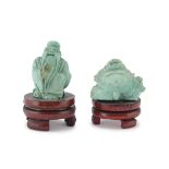 TWO CHINESE TURQUOISE SCULPTURES DEPICTING BUDAI AND LAO SHOUXING, 20TH CENTURY. representing