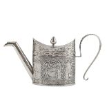 SMALL SILVER TEAPOT, PUNCH LONDON 1895 oval base, body embossed with figures and ornaments.