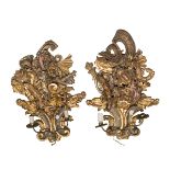 A PAIR OF COMPOSITE APPLIQUES IN GILDED AND LACQUERED WOOD, ANTIQUE ELEMENTS with elements