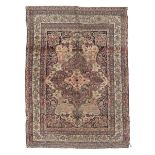 SMALL KIRMAN LAVER CARPET, EARLY 20TH CENTURY in wool and silk, with arabesque medallion and