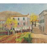 GIUSEPPE MALAGODI (Cento 1890 - Roma 1968) Paesaggio con case, 1959 Olio su tela, cm. 60 x 70