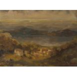 PIA GUSMAN (Italia XX secolo) Lago di Castello da Rocca di Papa, anni '60 Olio su tela, cm. 60 x