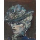 MINO MACCARI (Siena 1898 - Roma 1989) Donna con cappellino Olio su tavoletta, cm. 51 x 41 Firma in