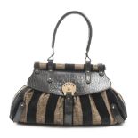 BORSA A MANO, FENDI ANNI '80 in velluto e tessuto striati, con patta in coccodrillo. Chiusura con