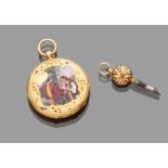 POCKET WATCH IN GOLD AND ENAMEL, LATE 19TH CENTURY with double case decorated with scene of woman