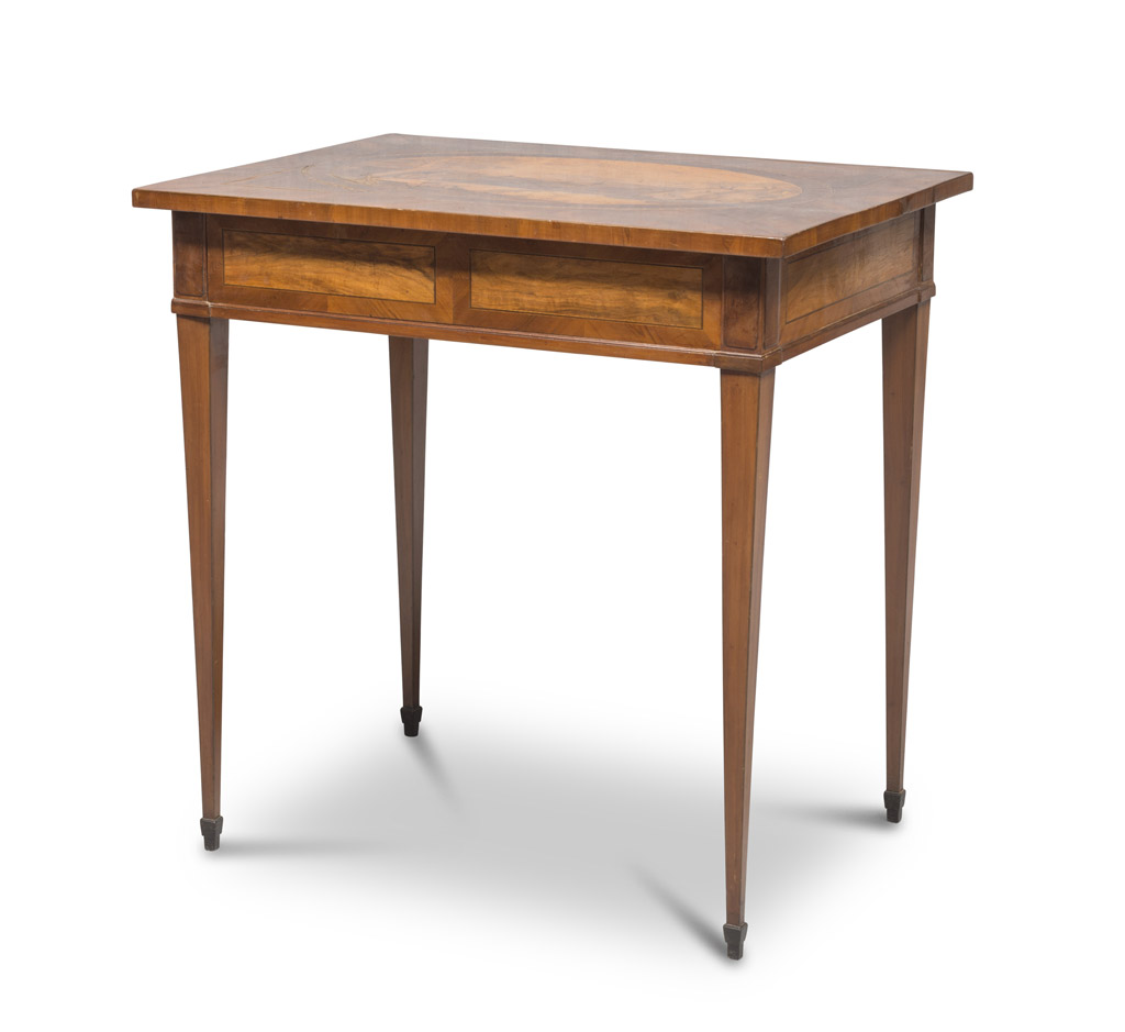 BEAUTIFUL WRITING DESK WITH INCAUSTO, EARLY 19TH CENTURY in walnut, top inlaid to landscape with