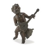 BRONZE SCULPTURE OF MUSICIAN CHERUB, 19TH CENTURY with burnished patina. Measures cm. 30 x 28 x