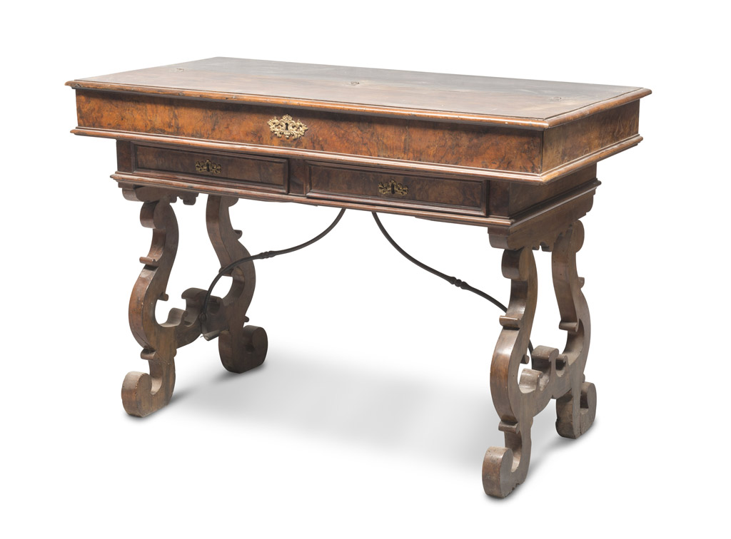 FLIP-TOP DESK IN WALNUT AND BRIAR WALNUT, ROME ANTIQUE ELEMENTS three drawers and two compartments