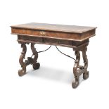 FLIP-TOP DESK IN WALNUT AND BRIAR WALNUT, ROME ANTIQUE ELEMENTS three drawers and two compartments