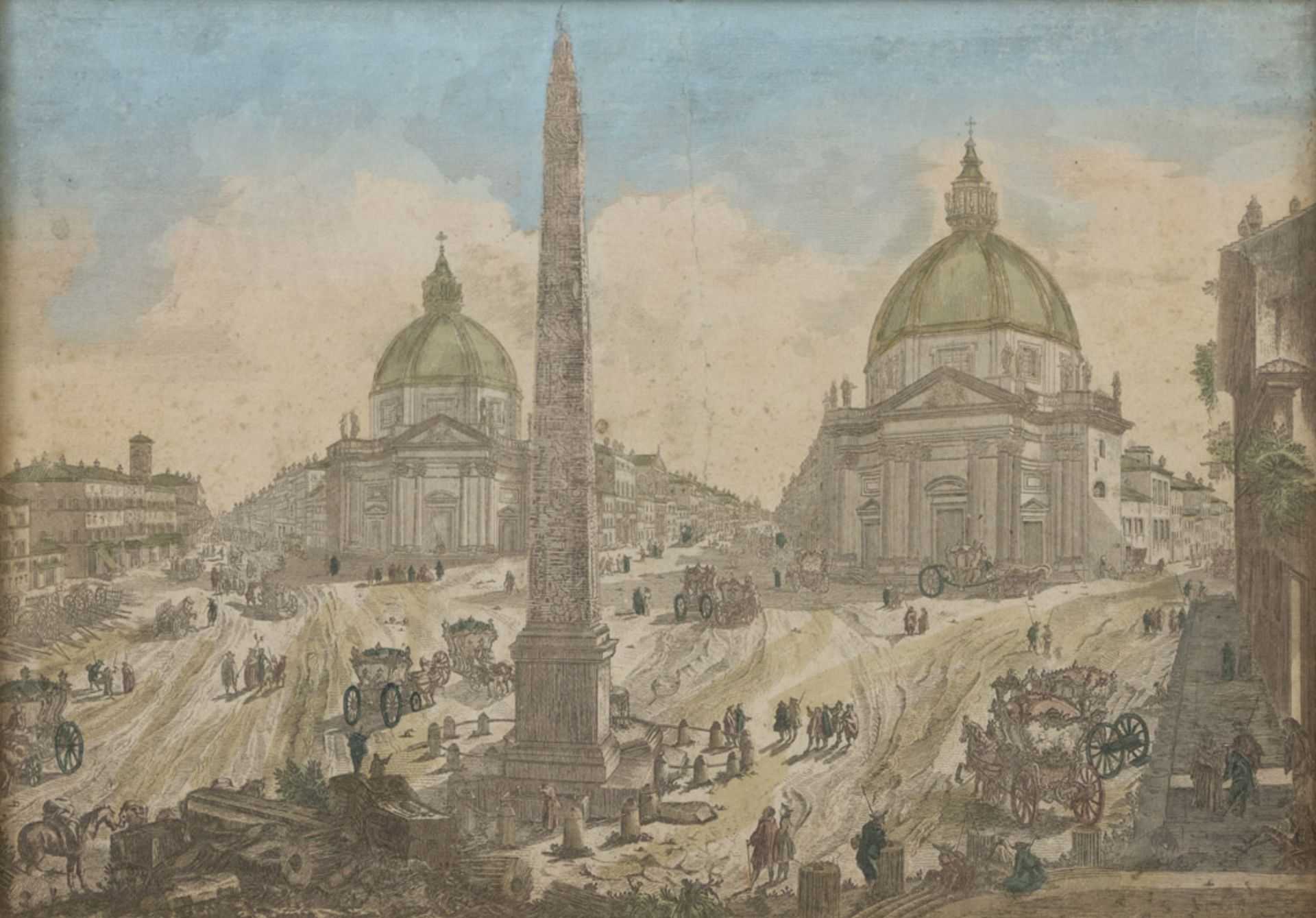 ENGRAVER 18TH CENTURY PIAZZA DEL POPOLO Color print, cm. 37 x 52 Spread stains INCISORE XVIII SECOLO